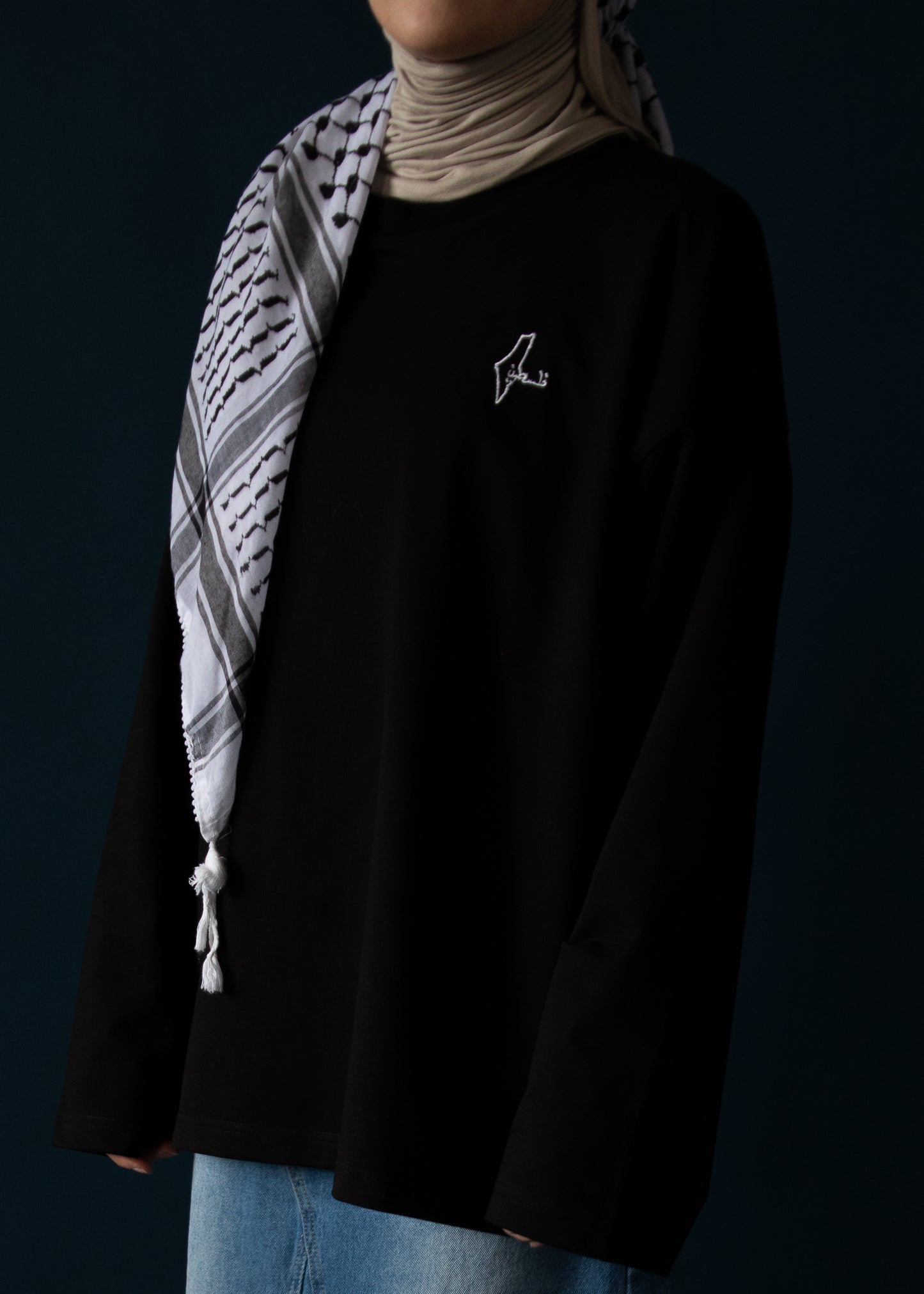 Premium Long Sleeve Shirt 'Map of Palestine Embroidery' black