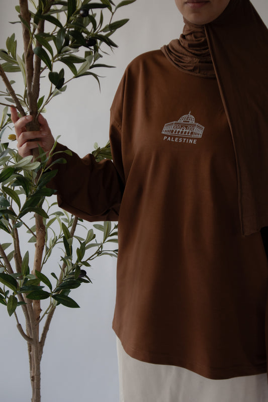 Premium Long Sleeve Shirt 'Al-Aqsa Mosque, Palestine' brown